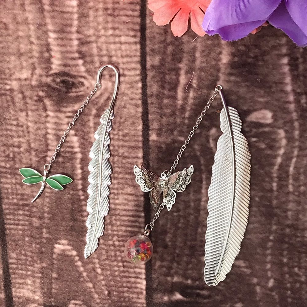 Set of 2 Feather Bookmarks with Dragonfly and Butterfly Charm